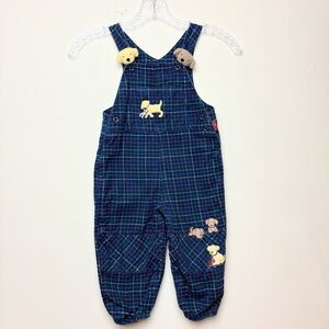 Vintage  Le Top 24 Months Blue Plaid Puppy Dog Overalls Embroidered Appliqué